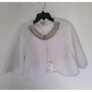 Haani Women's Embelished Rhinestones Faux Fur White 3/4 Sleeves Coat Size S